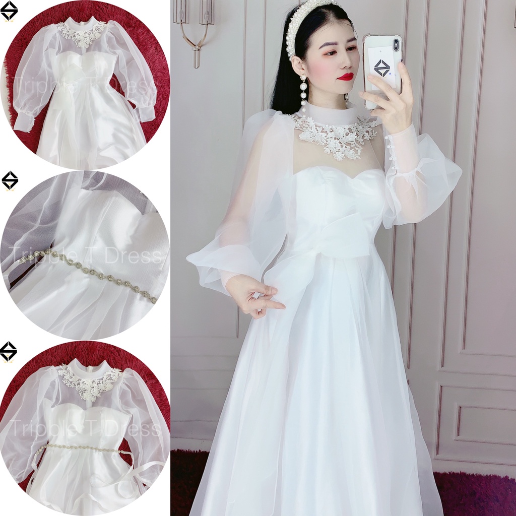 Đầm mặc cưới tay dài phồng voan xốp tặng kèm nơ TRIPBLE T DRESS -Size S/M/L - MS314V
