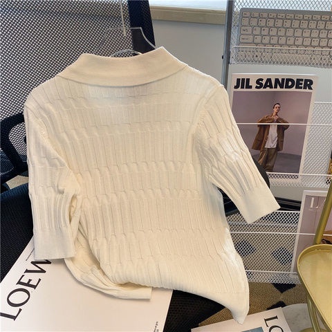 Áo Thun Dệt Kim Cổ Polo Tay Ngắn Có Khóa Kéo Thời Trang Mùa Hè Phong Cách Hàn Quốc Cho Nữ