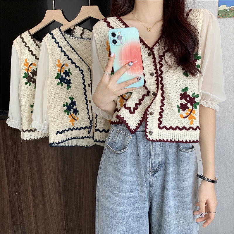 Áo Sơ Mi Ngắn Tay Thêu Họa Tiết Xinh Xắn 165301 Áo Sơ Mi Cổ Chữ v Dáng Rộng Phong Cách Thời Trang Retro