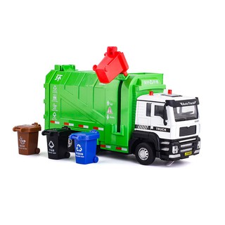 Mô hình xe tải chở rác hợp kim (4 thùng rác) có đèn và nhạc xe chở rác17*5.3*8cm