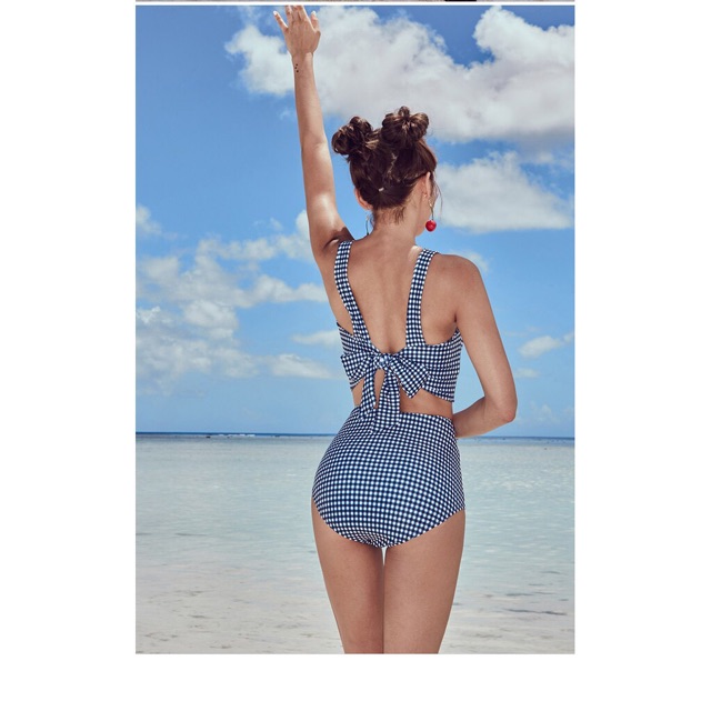 (Có sẵn) Bikini / đồ bơi 2 mảnh caro xanh nơ lưng