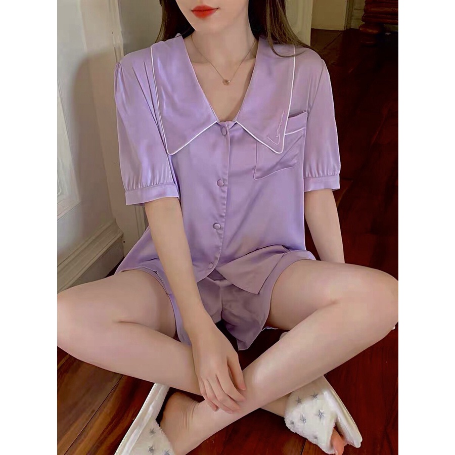 Bộ đồ ngủ lụa cộc tay, bộ pijama lụa tiểu thư cao cấp