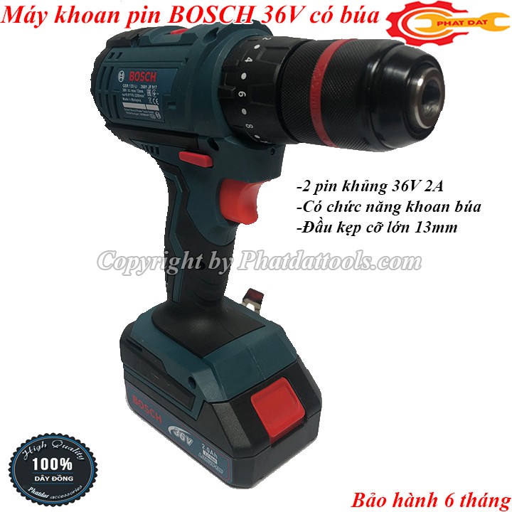 Máy khoan pin Bosh 36V-Đầu kẹp kim loại 13mm-Có chức năng khoan búa-Bảo hành 6 tháng