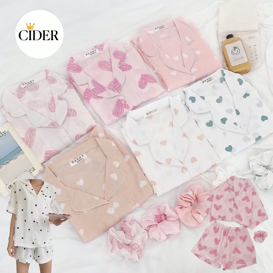 Bộ Đồ Ngủ Măc Nhà Pijama Họa Tiết Trái Tim Xinh Xắn Cho Nữ