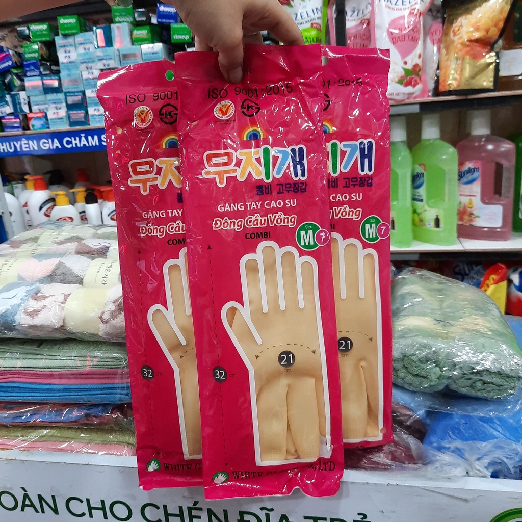 Đôi găng tay cao su nếp nhăn,Đông Cầu Vồng combi size M7 32cm