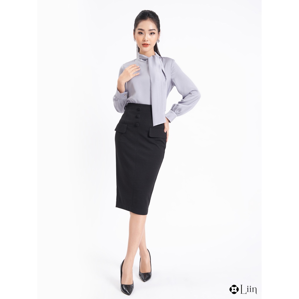 Chân váy công sở Linbi màu đen 3 cúc bọc kiểu dáng trẻ trung, thanh lịch liin clothing J4265