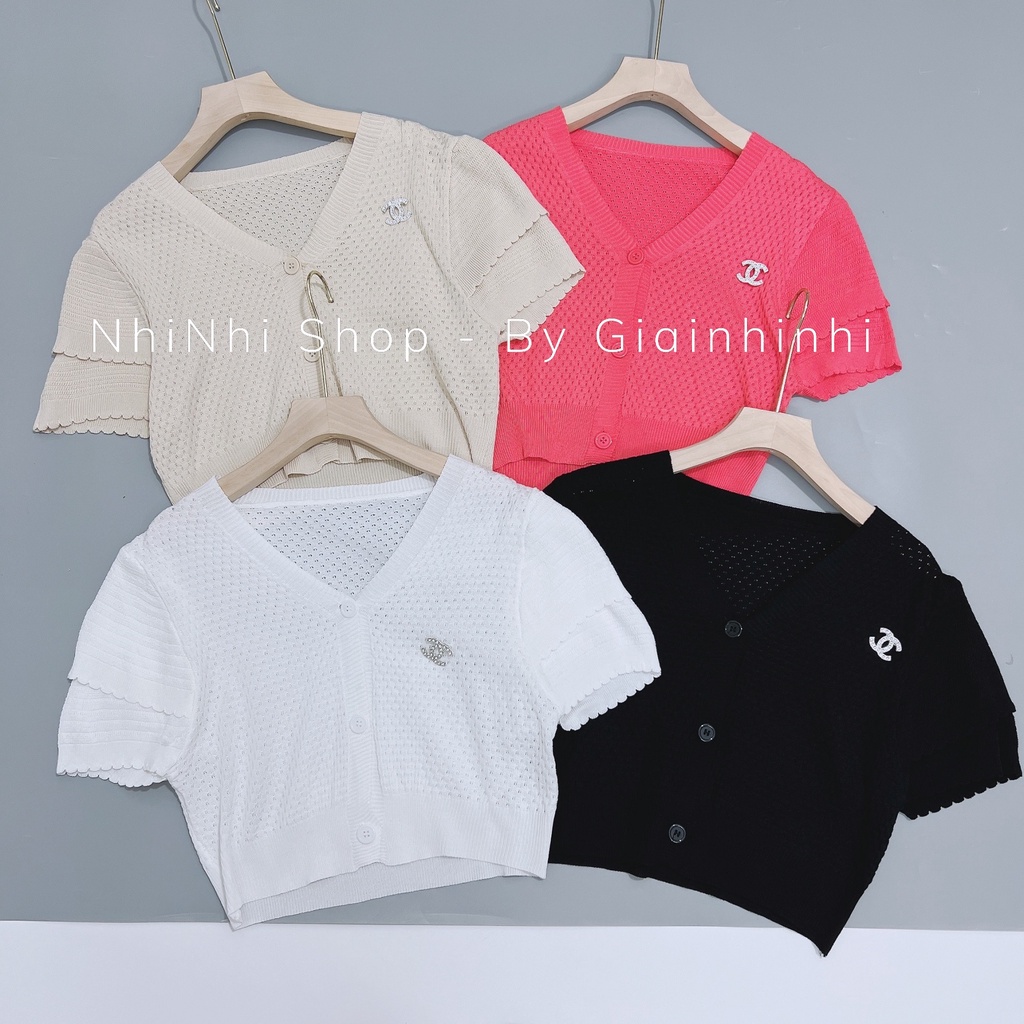 Áo cadigan len mỏng ngắn tay trơn, Áo kiểu tay bồng khuy cài  AL1468 - NhiNhi Shop
