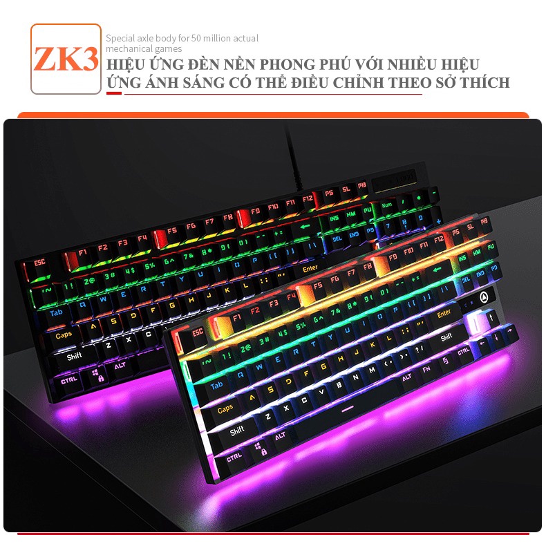 Bàn phím cơ gaming blue swtich YINDIAO ZK3 87 phím / 104 phím với đèn led RGB nhiều màu sắc rực rỡ - NKZK3