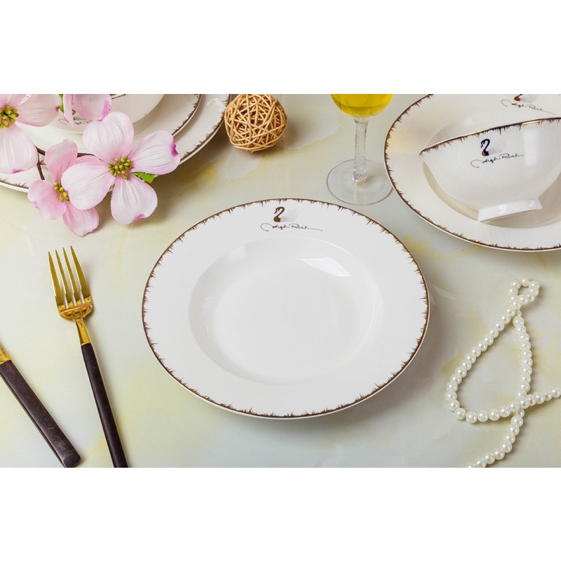 Bộ bát đĩa sứ xương cao cấp họa tiết thiên nga, phong cách hoàng gia, sang trọng & tinh tế