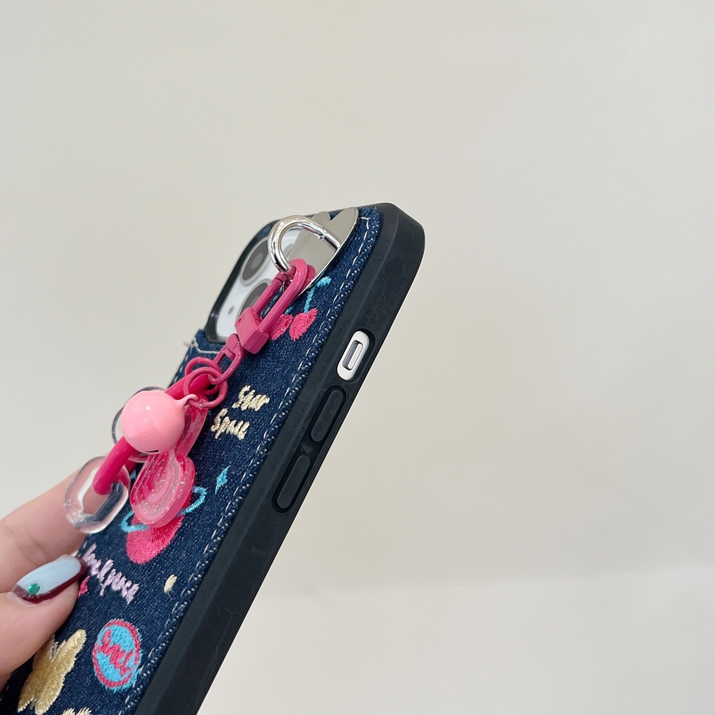 Ốp Điện Thoại Tpu denim Mềm Chống Trượt Thêu Hình Hoạt Hình Có Dây Đeo Cổ Tay Cho iphone 11 12 13 pro xs max xr