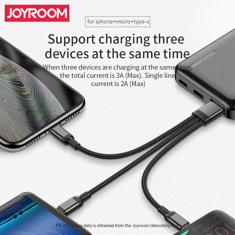 Dây cáp sạc 3 in 1 Micro USB, Type-C, Lightning hỗ trợ sạc nhanh hiệu JOYROOM S-M416 (Sạc nhanh 3A) - Hàng chính hãng