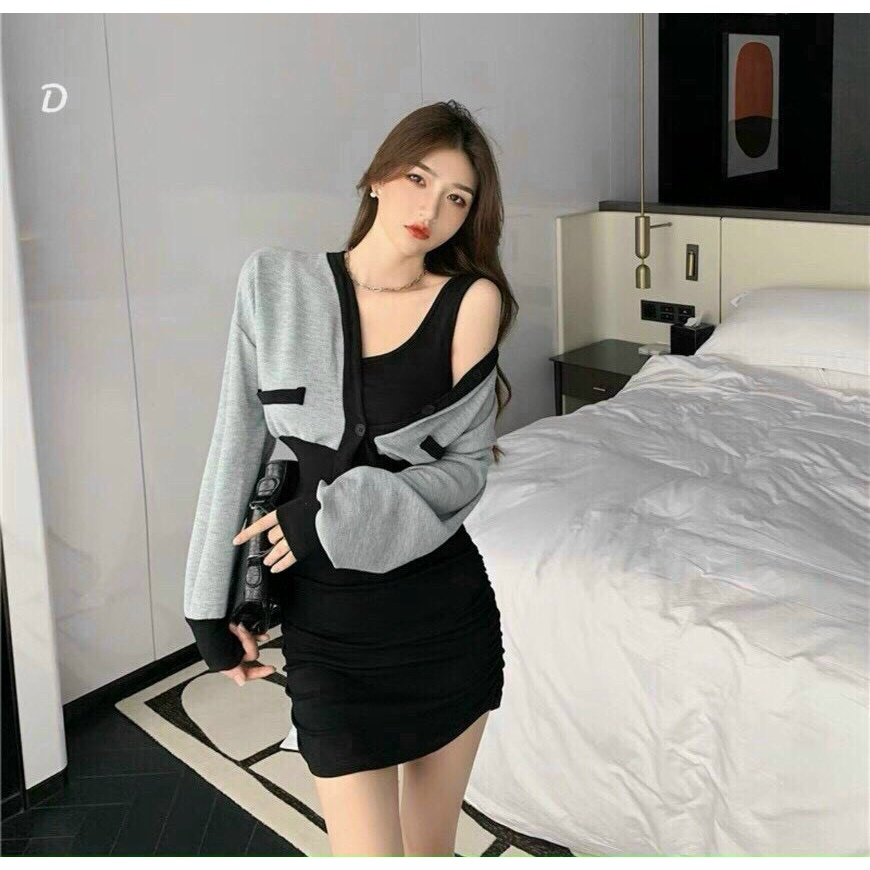 [ Miễn phí ship 2022 ] Đầm thun kèm khoác gân ,  đầm ôm body áo cadigan ngoài phối màu phong cách hàn quốc trẻ trung