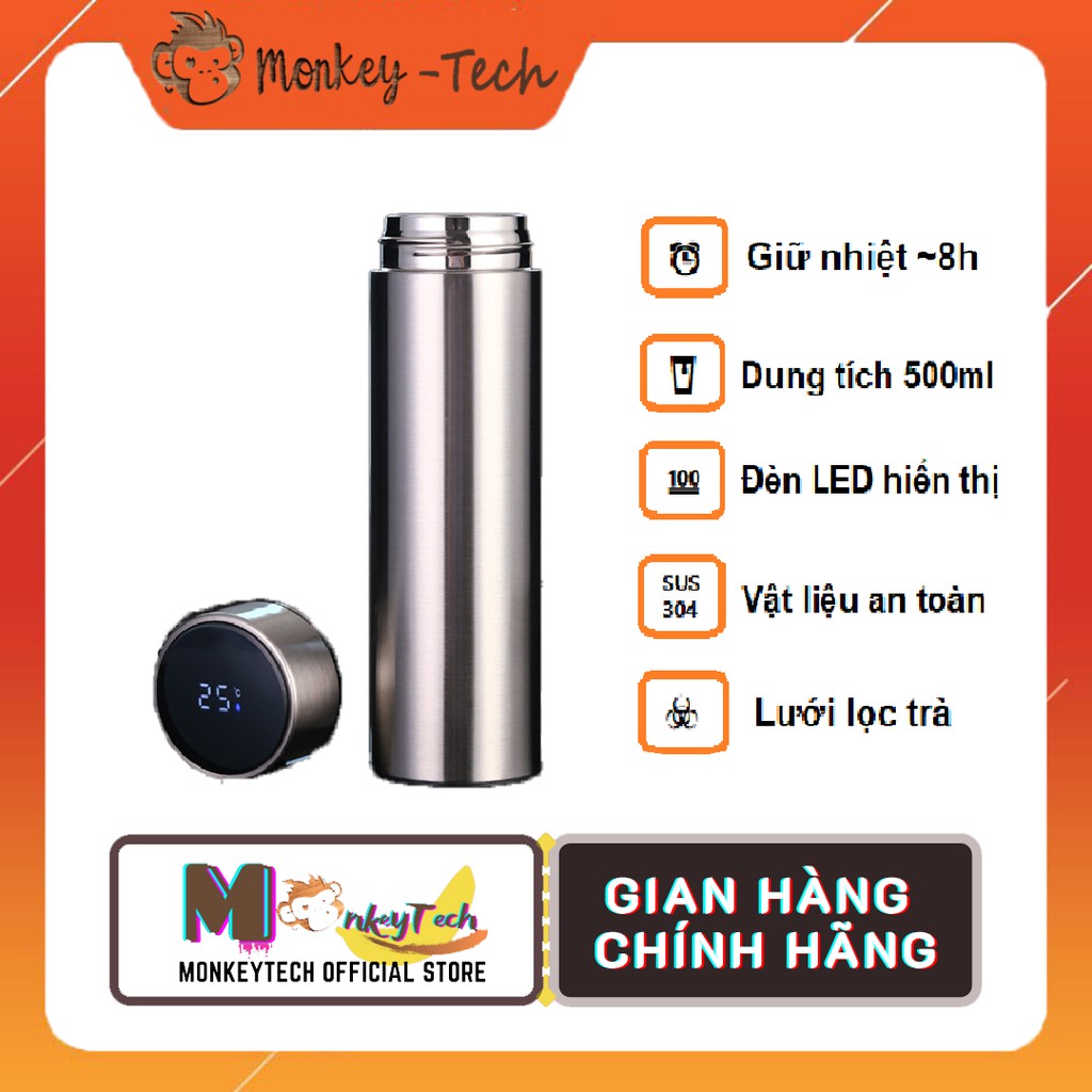 Bình giữ nhiệt có màng lọc chuyên pha trà Lõi Inox 500ml & nắp cảm ứng nhiệt độ Inox 304 cao cấp - MonkeyTech