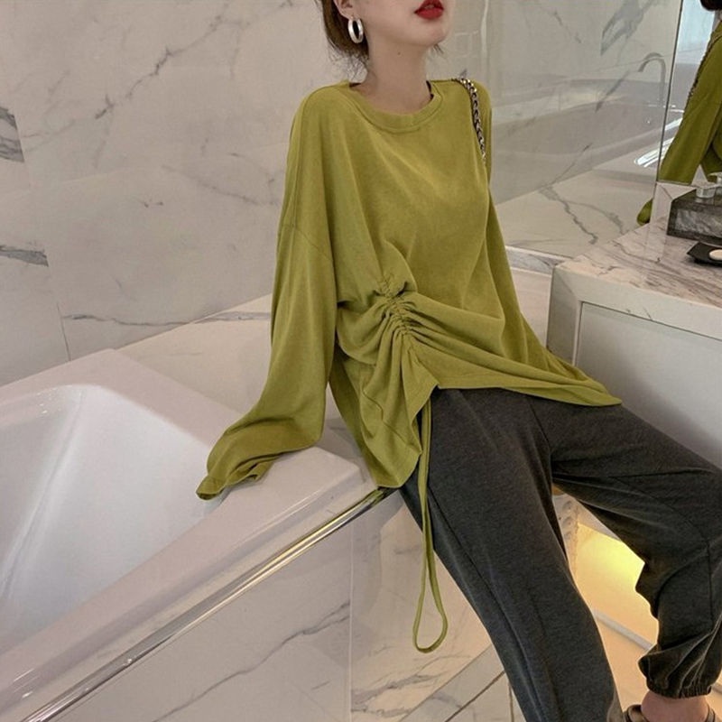 Áo Thun Tay Dài Phối Dây Rút Phong Cách Hong Kong Thời Trang Cho Nữ