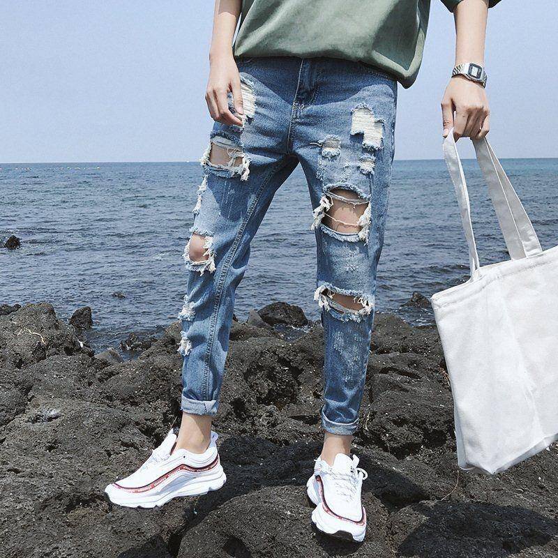 Quần Jeans Dài Rách Gối Màu Sắc Tươi Sáng Thời Trang Cho Nam