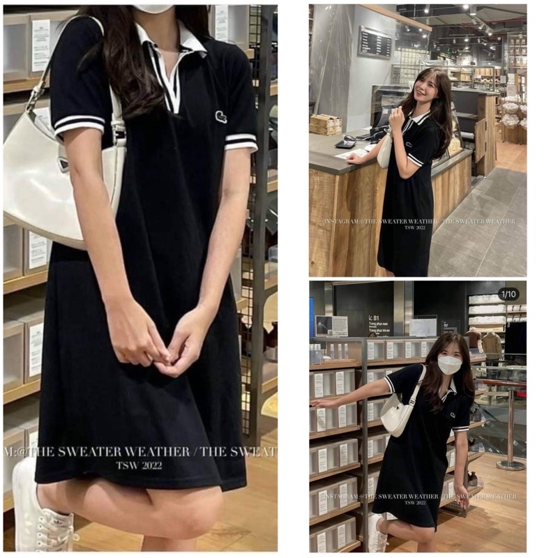 Váy polo cổ bẻ viền trắng nữ - Đầm trơn cộc tay, cổ sơ mi dáng suông Logo thêu