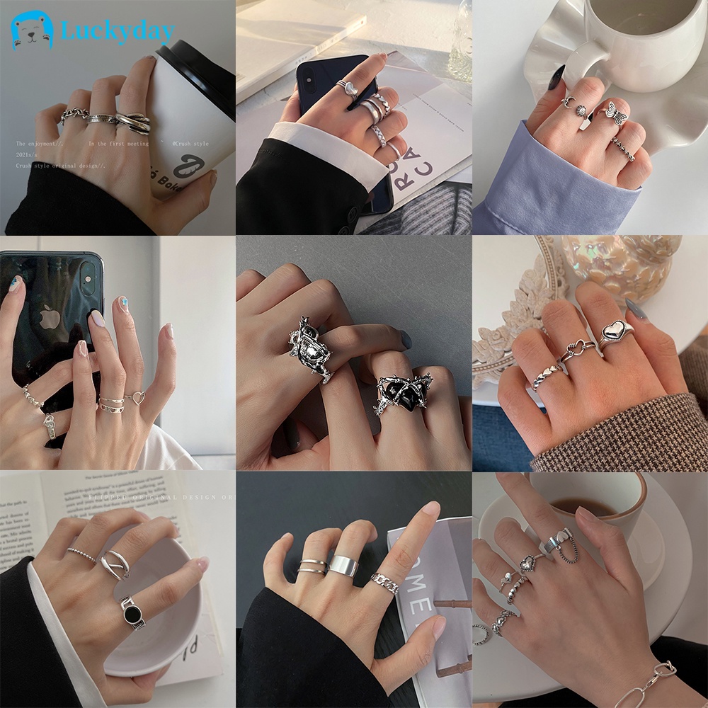 Bộ Nhẫn 6 Cái Bạc Rỗng Hình Quả Tim Bướm Bàn Cờ  đính đá Quý Màu đen Cổ điển Cho Nhẫn Nam đính đá Nhẫn Nữ đính đá