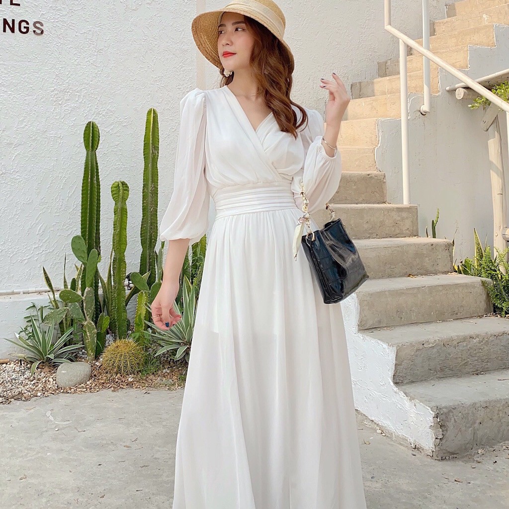 Đầm dự tiệc xẻ tà cổ V, đầm Maxi đi biển, chụp ảnh siêu sang chảnh, cực phẩm VINTAGE STORE | BigBuy360 - bigbuy360.vn