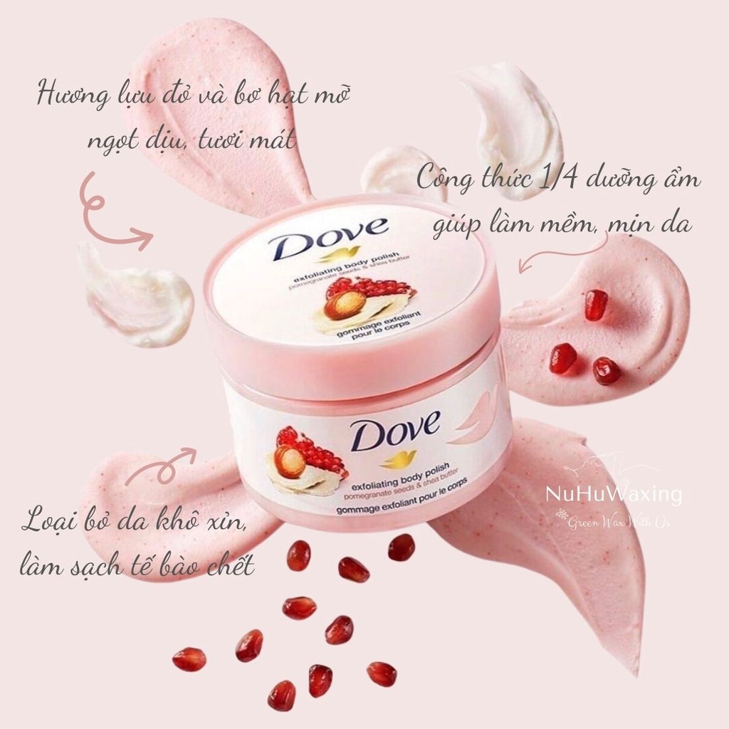 Tẩy da chết toàn thân DOVE bản ĐỨC hũ lớn 225ml Hương LỰU ĐỎ và Hương MACCA, tẩy da chết body | Nuhuwaxing