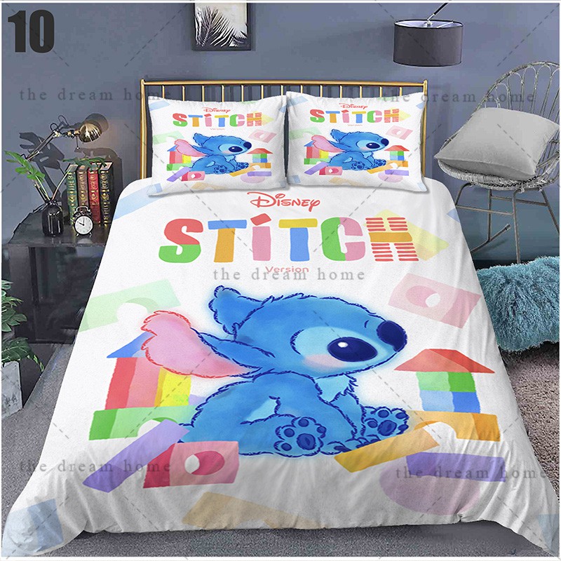 Bộ Ga Trải Giường + Vỏ Gối + Vỏ Chăn 3 Trong 1 In Hoạt Hình STITCH Đáng Yêu Giặt Được TY3