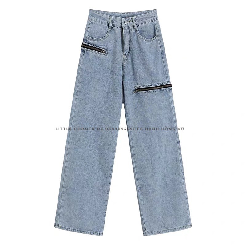 Quần phối khóa zip cullotes ống suông baggy jean quảng châu kèm ảnh thật hàng có sẵn