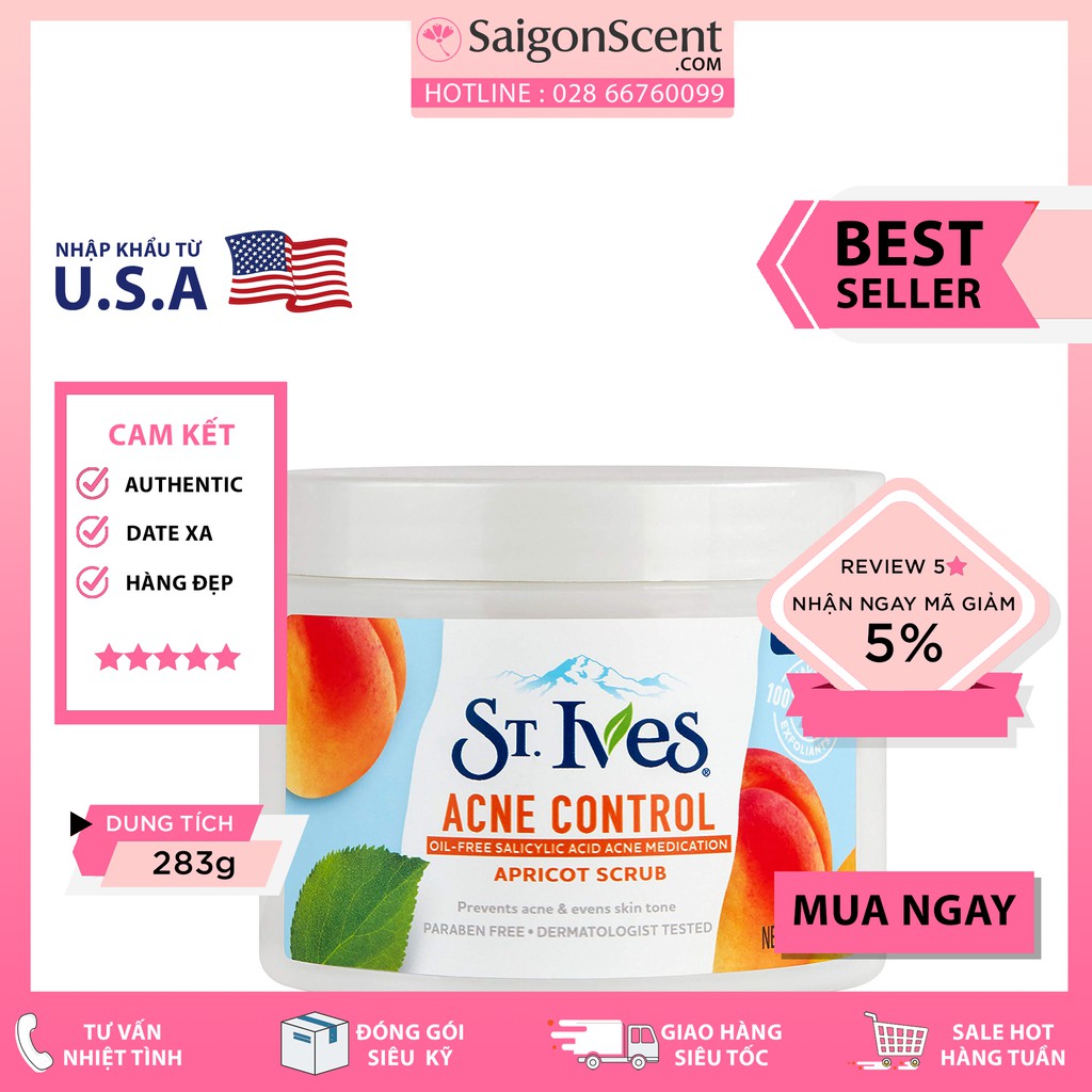 KEM TẨY TẾ BÀO CHẾT ST.IVES ACNE CONTROL HƯƠNG MƠ DÀNH CHO DA MỤN 283g