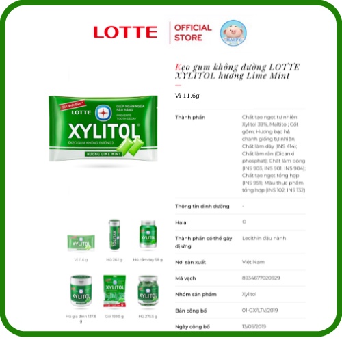 Kẹo gum không đường Lotte Xylitol vị Việt quất/Bạc hà/Dâu/ Cool cực the mát vĩ 11.6g