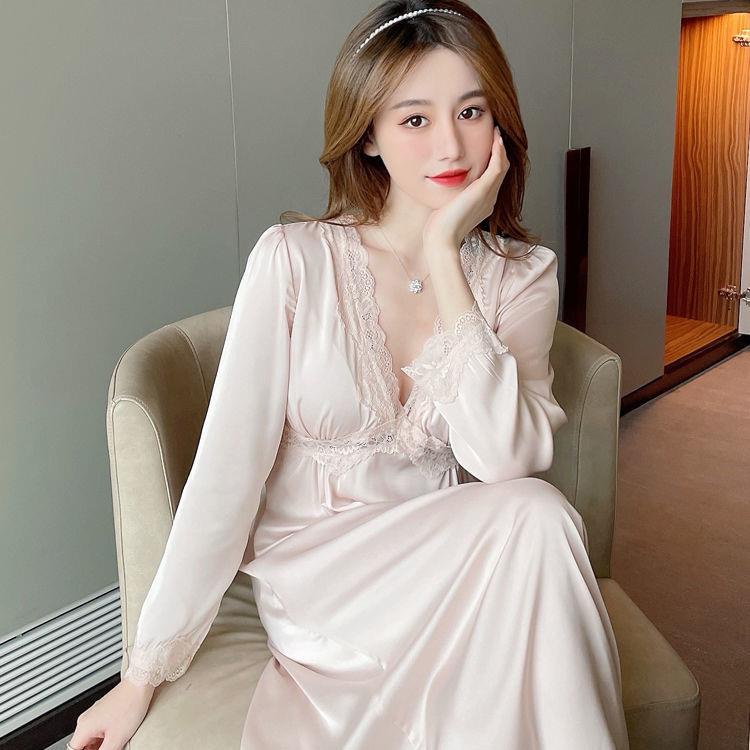 Đầm Ngủ Tay Dài Dáng Rộng Có Đệm Ngực Phong Cách Pháp Cổ Điển Thời Trang Xuân Thu Mới Cho Nữ
