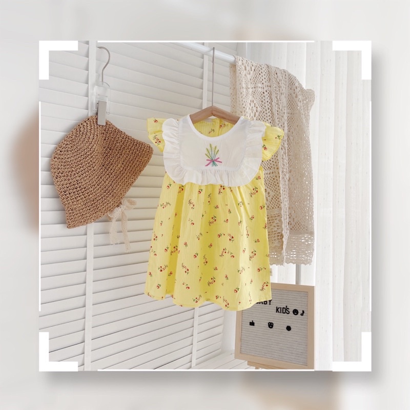 Váy hè cánh tiên cổ trắng váy nền màu hoa nhí cho bé 8-19kg (6 tháng -5tuổi)