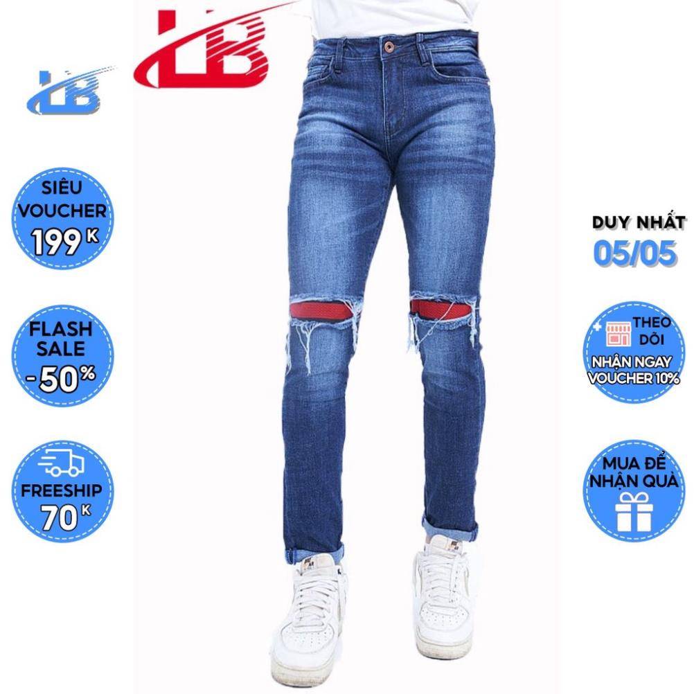 Quần jeans dài nam LB màu xanh rách đắp gối màu xanh jean phom body DNBB5158 2022