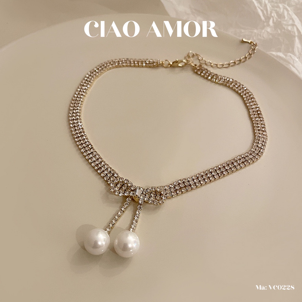Dây chuyền nữ, vòng cổ, chocker đá 3 lớp đính nơ ngọc Trang sức Ciao Amor - VC0228
