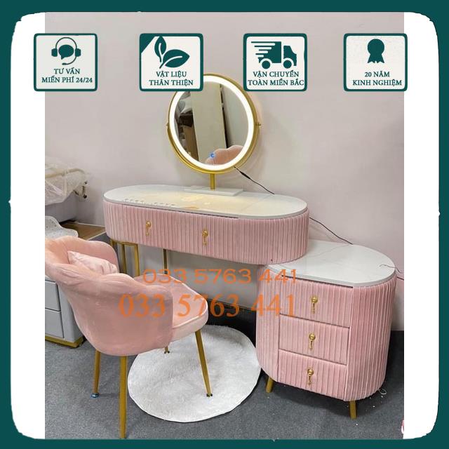 Bàn trang điểm nỉ nhung xếp li mặt đá gương đèn led 3 màu siêu xinh
