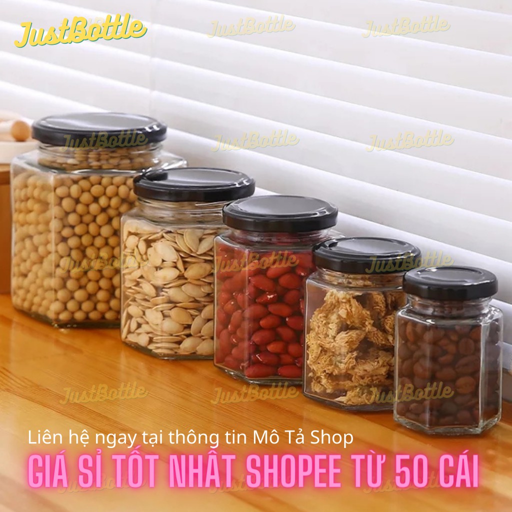 Hũ Thủy Tinh Lục Giác Nắp Thiếc Màu Vàng Đen 100Ml 200Ml 280Ml 380Ml 500Ml 730Ml Bảo Quản Thực Phẩm Gia Vị Lớn Nhỏ