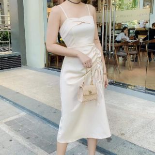 Đầm phi lụa hai dây rút eo