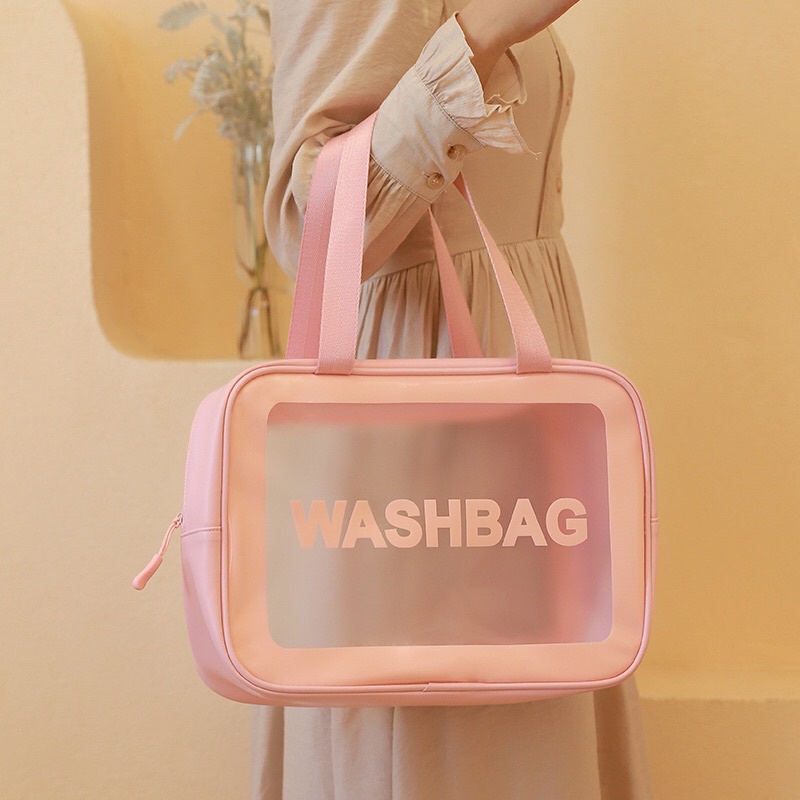 Set 3 túi trong suốt đựng mỹ phẩm, đồ trang điểm du lịch - Bộ 3 túi du lịch WASHBAG hồng chống thấm nước nhiều kích cỡ