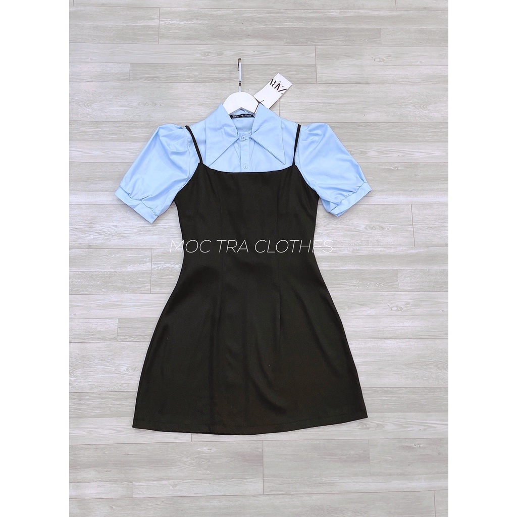 Set yếm nữ 2 món Quảng Châu thiết kế gồm áo sơ mi xanh và yếm váy chữ A rời siêu xinh, Set váy nữ học sinh trẻ trung