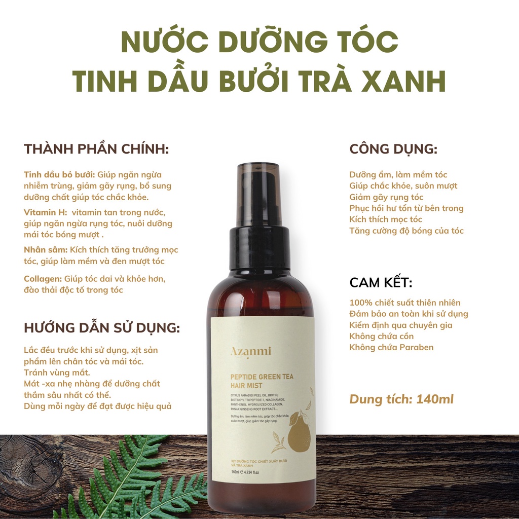 Nước dưỡng tóc tinh dầu bưởi giúp giảm gãy rụng &amp; làm mềm tóc 140ml Cocoon PEPTIDE GREEN TEA HAIR MIST Chính Hãng Azanmi