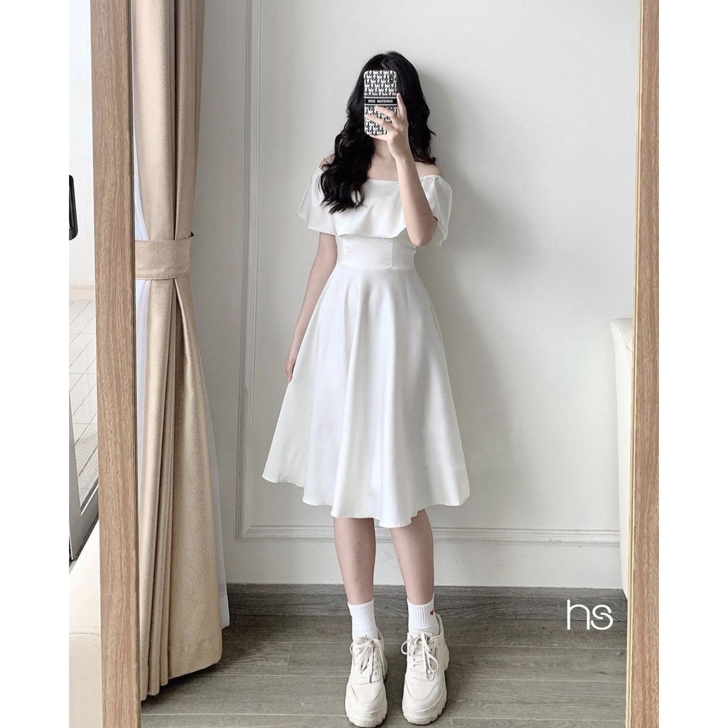 Đầm Trắng Nữ Chun Vai Cổ Vuông 🦋 Váy Nữ Eo Thun Cộc Tay Chất Đũi Dáng Xòe 🦋 | BigBuy360 - bigbuy360.vn