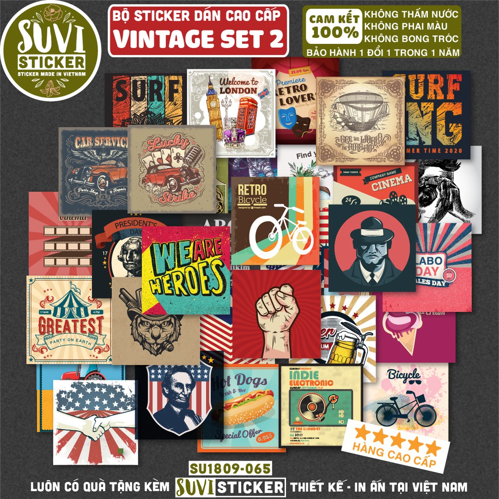 50 Sticker Vintage Cổ Điển chống nước sticker dán laptop, điện thoại, đàn guitar, mũ bảo hiểm, vali. MSP: V02