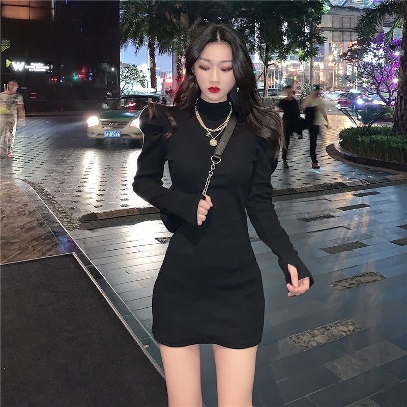 Váy body len gân tay bồng tiểu thơ siêu xinh
