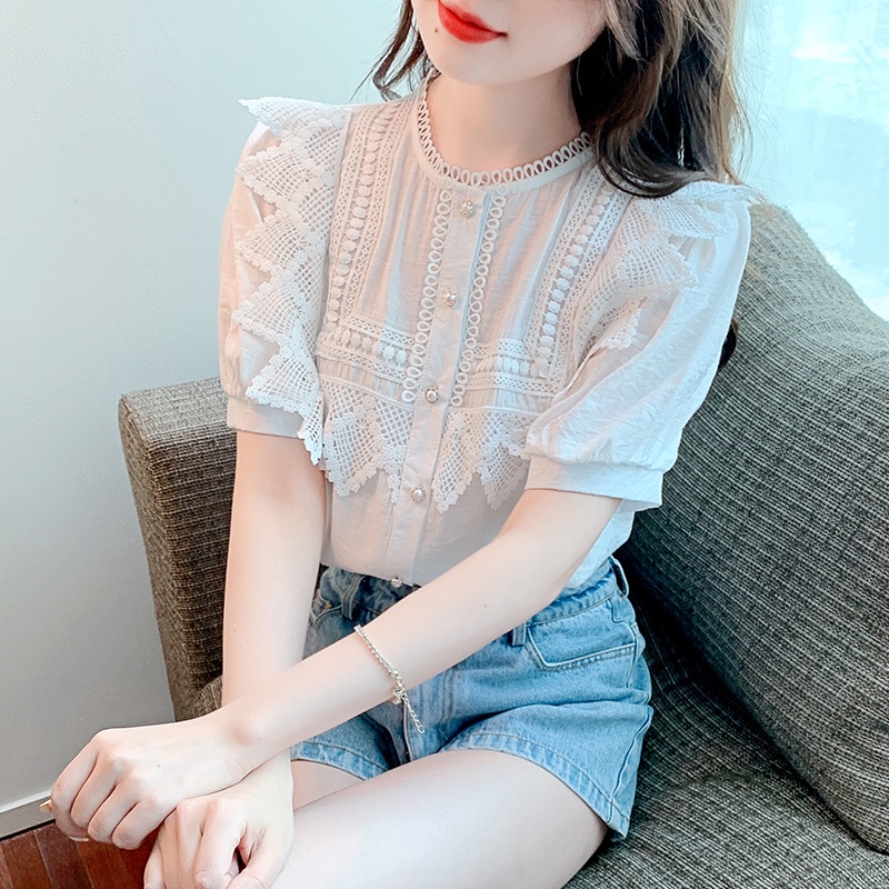 Áo Sơ Mi Chiffon Tay Ngắn Cổ Tròn Màu Trơn Phối Ren Thanh Lịch Dành Cho Nữ