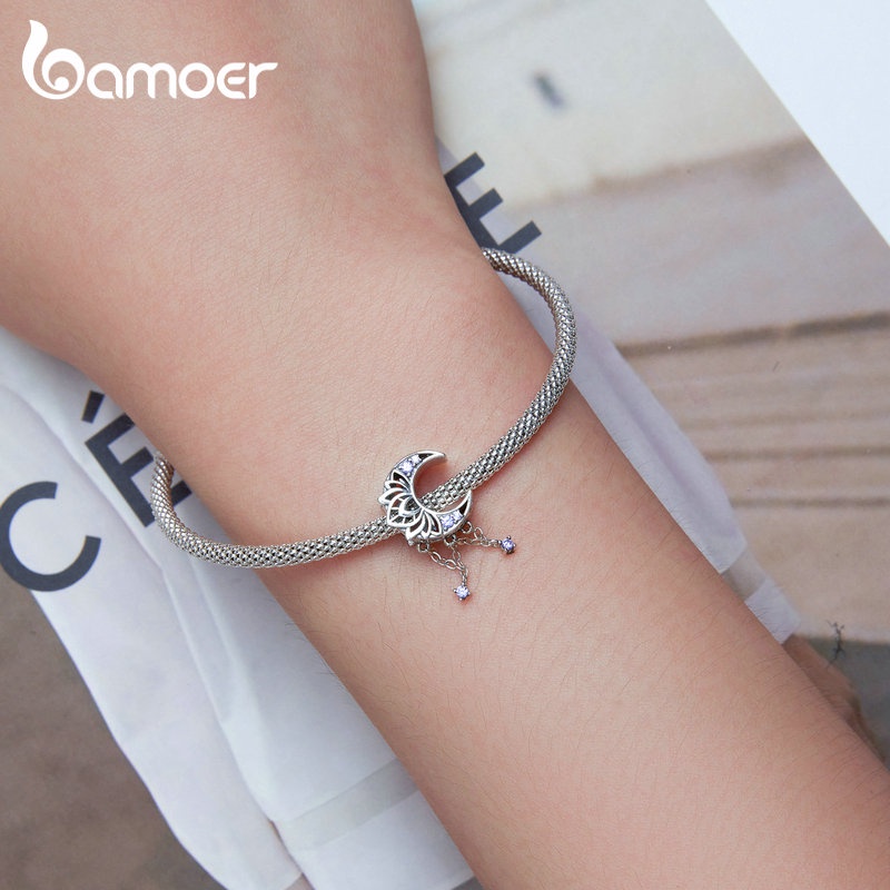 BAMOER Hạt Charm bạc 925 Hình Hoa Đính Đá Zircon Màu Tím