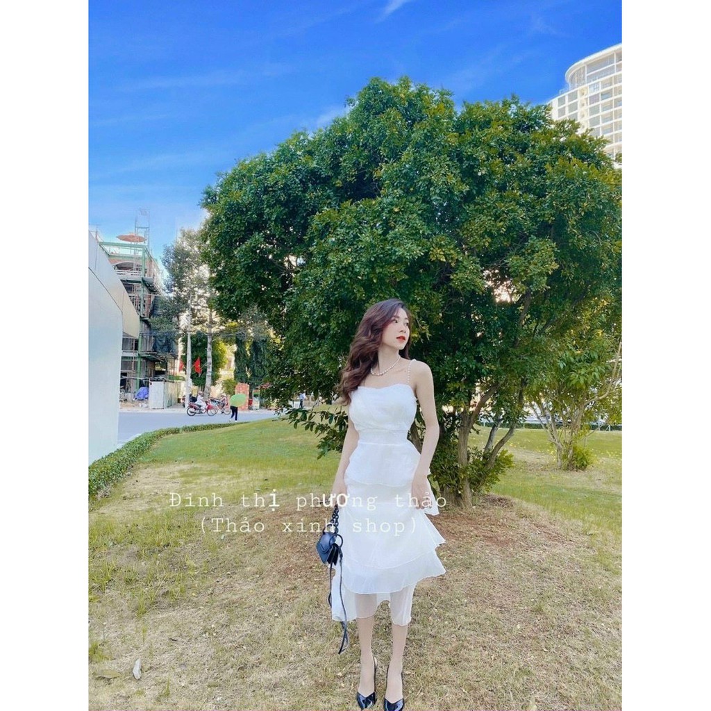 Đầm nữ dự tiệc dạng tầng 2 dây đính ngọc kèm mút ngực chất voan 2 lớp freesize trắng và nude | BigBuy360 - bigbuy360.vn
