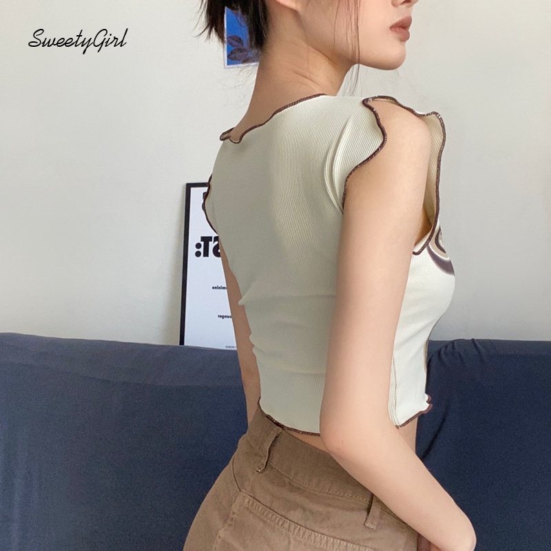 Áo Thun Sát Nách Cổ Chữ V Họa Tiết Hoạt Hình Phối Màu Tương Phản Thời Trang 2022 Cho Nữ