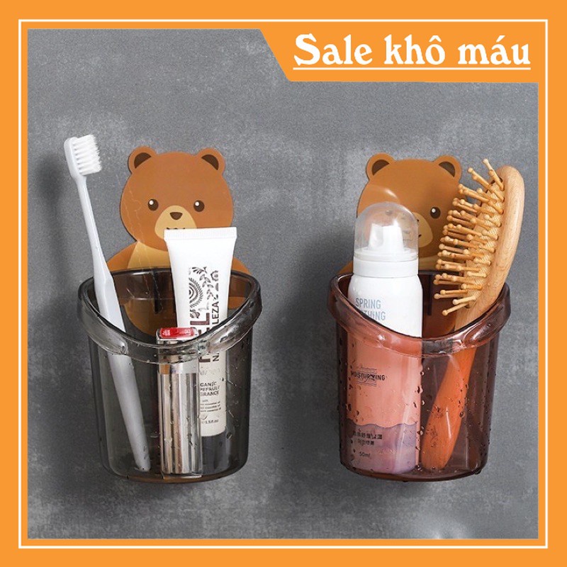 Cốc gấu dán tường để bàn chải đánh răng hình gấu có lỗ thoát nước tiện lợi _NgaAnh