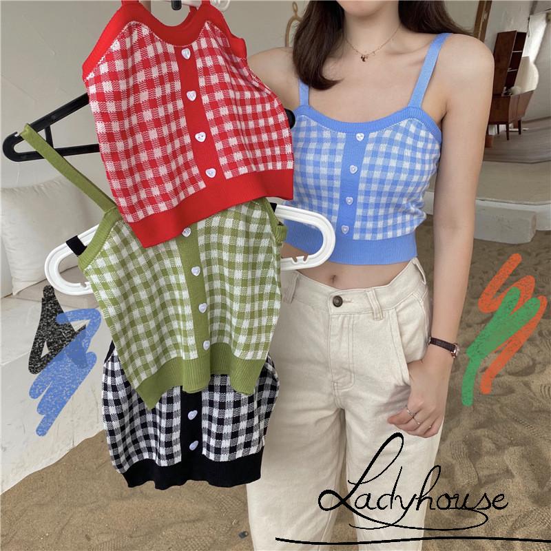 Ld-áo Dệt Kim Hai Dây Không Tay Cài Nút Kẻ Sọc Caro Cổ Điển Cho Nữ