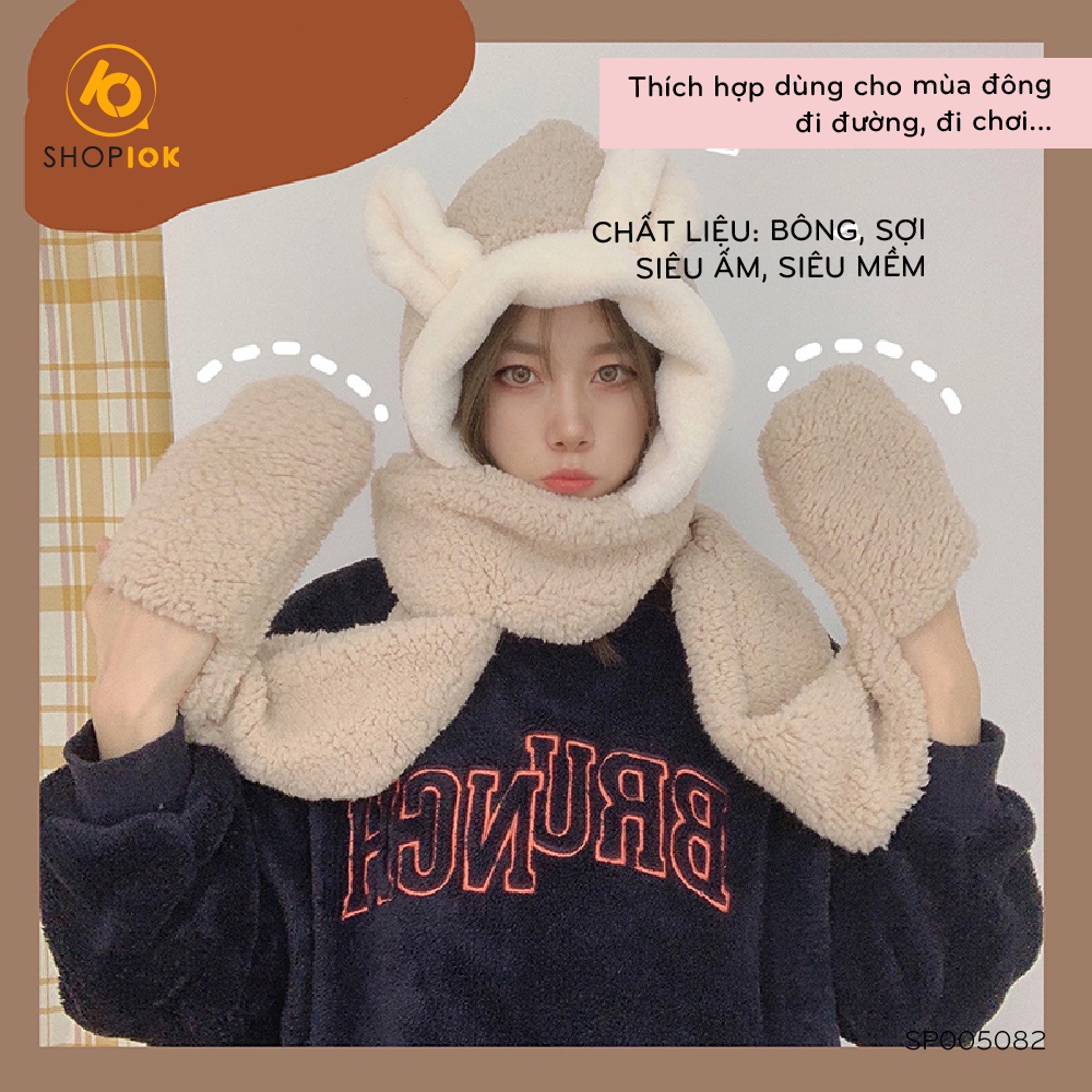 Mũ lông tai thỏ SHOP10K  kèm khăn quàng cổ bao tay 3 trong 1 ấm áp