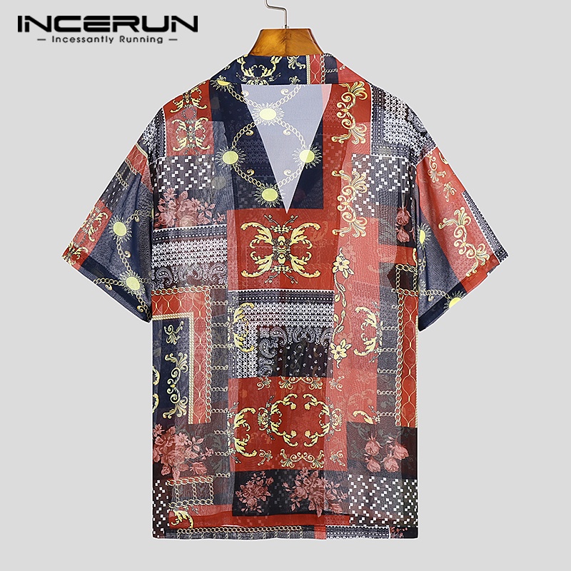 INCERUN Áo Sơ Mi Ngắn Tay Dáng Rộng Họa Tiết Dân Tộc Retro Dành Cho Nam