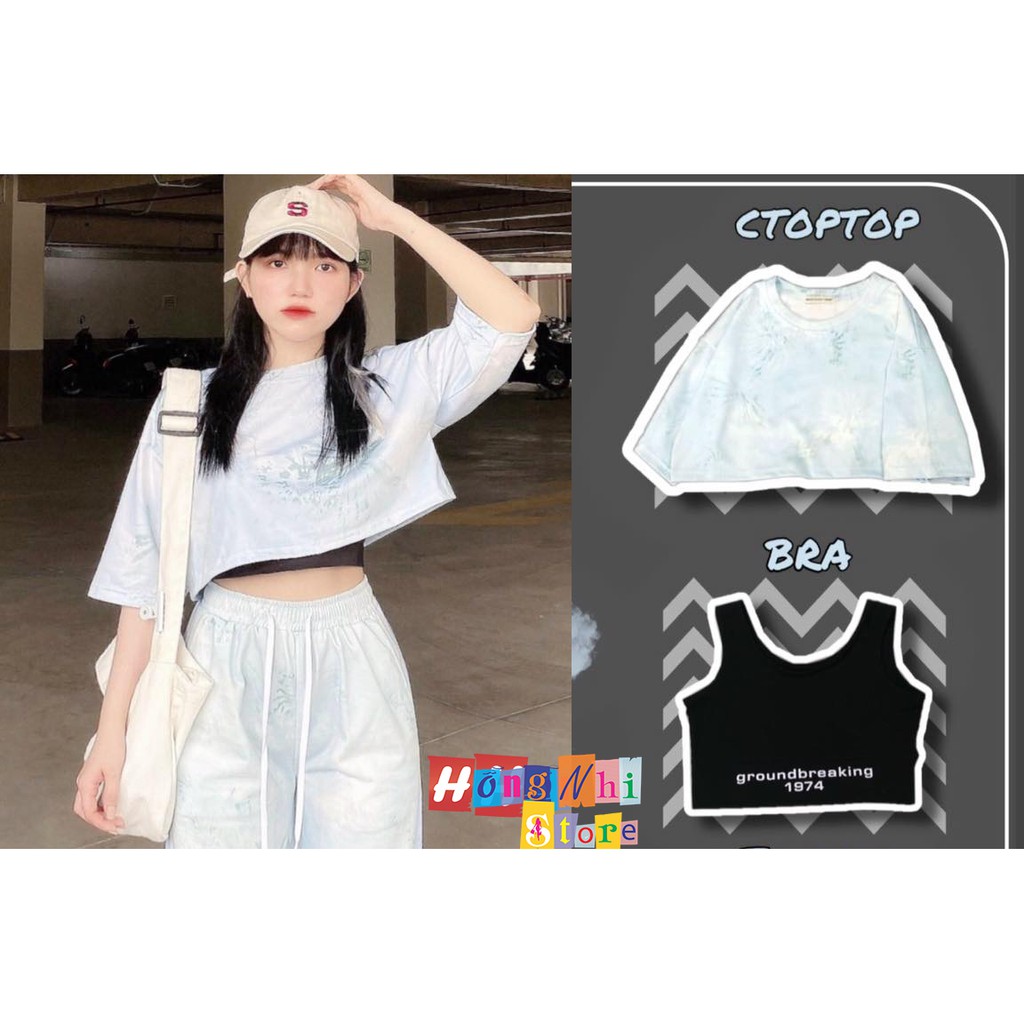 Áo Croptop Loang Màu Xanh Nhạt Kèm Bra Tay Lỡ Dáng Rộng Oversize Ulzzang - MM