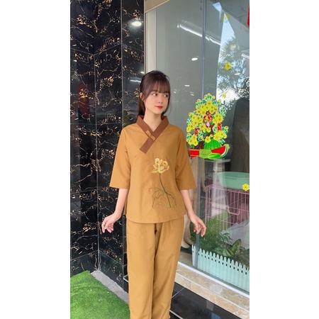 set đồ lam đi chùa một nút thêu, thời trang nữ phật tử